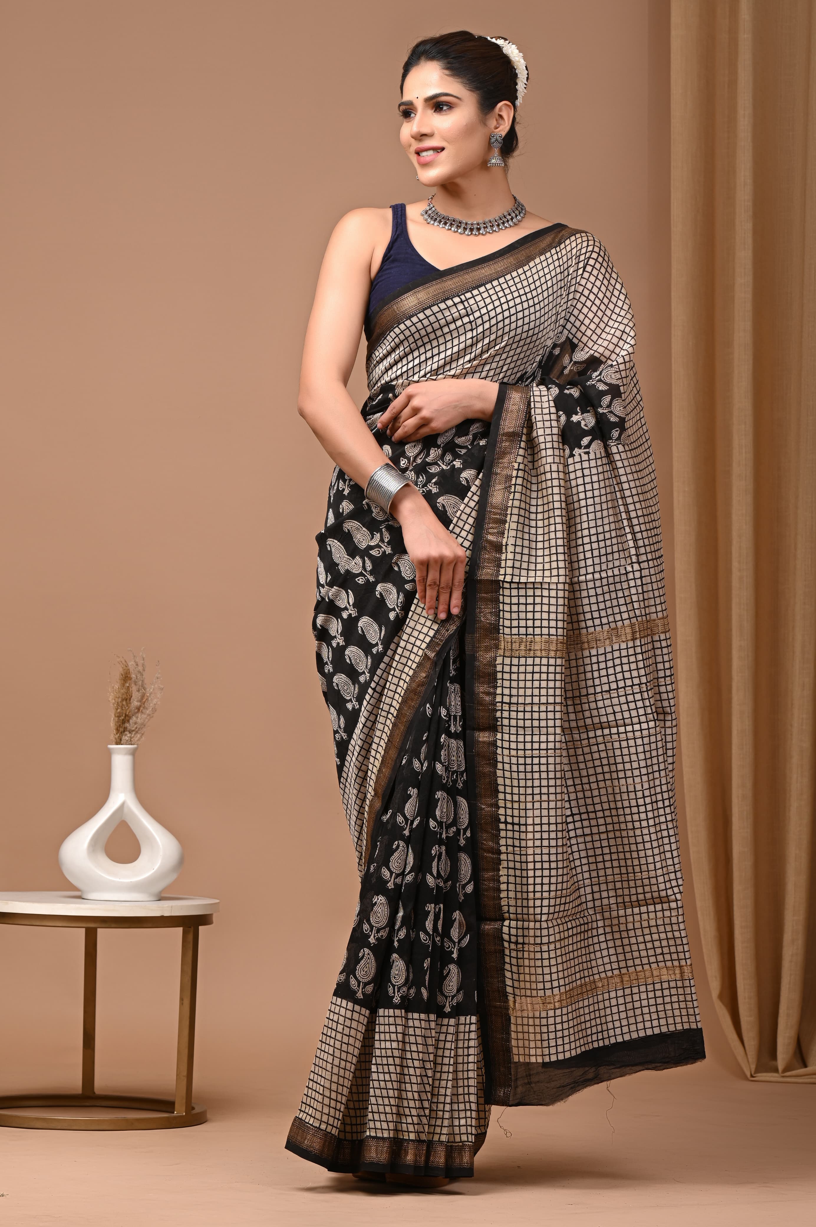 Black - Bagru Hand Block Print Syahi Begar Hand Embroidered Cotton A-Line Kurta for women 09