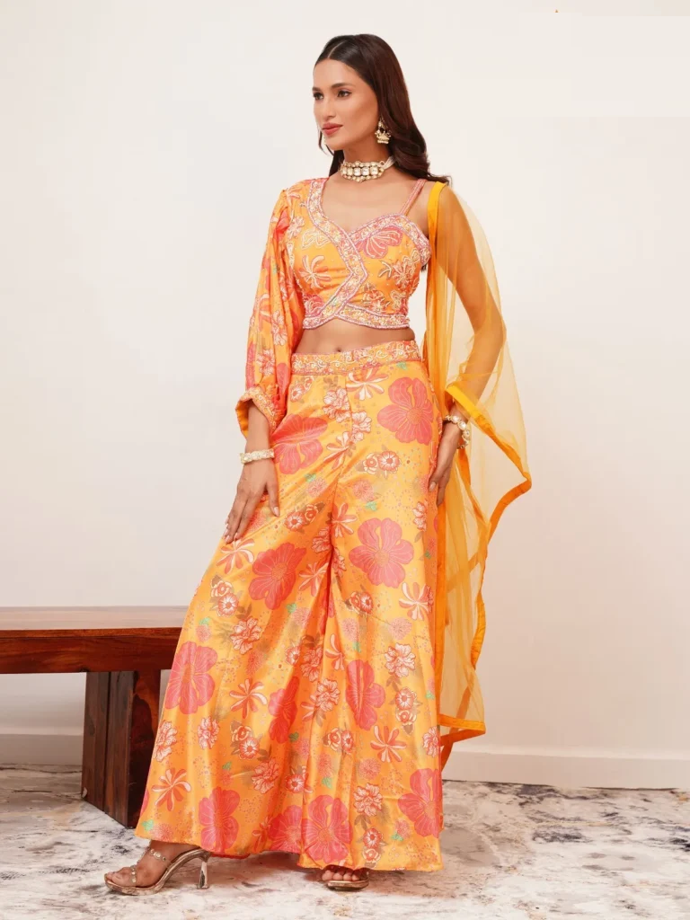 Elegant Pink Real Chinon Silk Crop Top, Palazzo & Dupatta Set with Front & Back Embroidery and Attached Sleeves main image 0