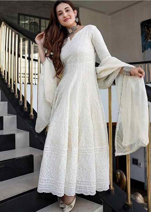 Cream Cotton Sequin Chicken Anarkali & Dupatta Set