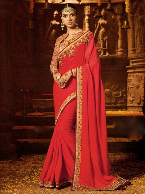 Red Crepe Silk Party Wear Saree