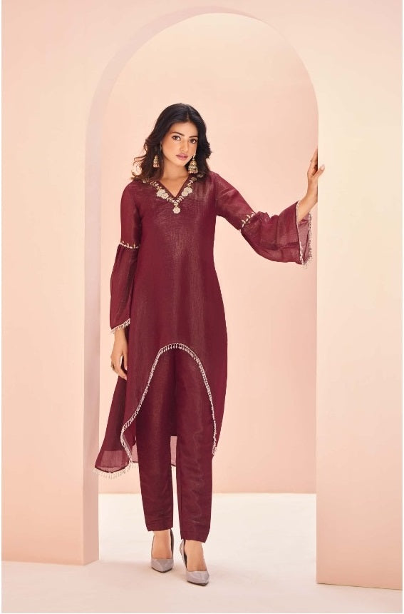 Floral Embroidered Regular Beads Work Organza A-Line Kurta With Trouser