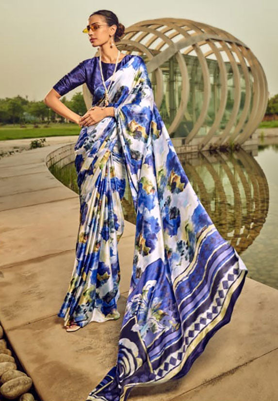 White & Blue Satin Digital Printed Sari