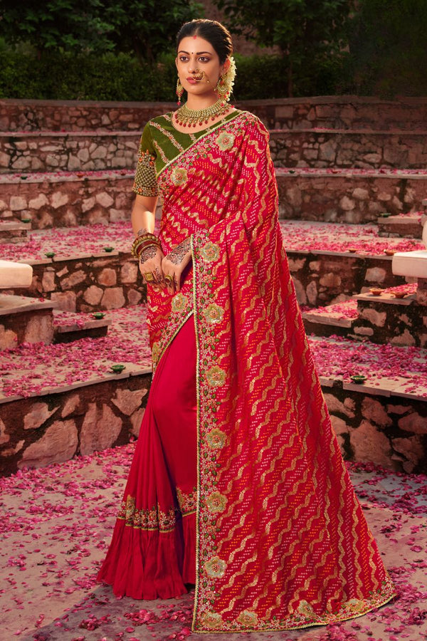 Pink & Green Pure Silk Embroidery Heavy Festival  Saree