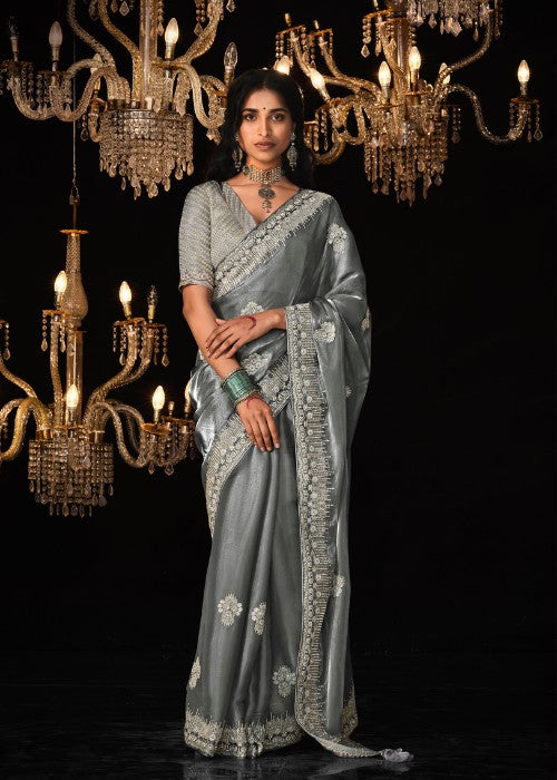 Grey Colour Saree Cocktail Party Look