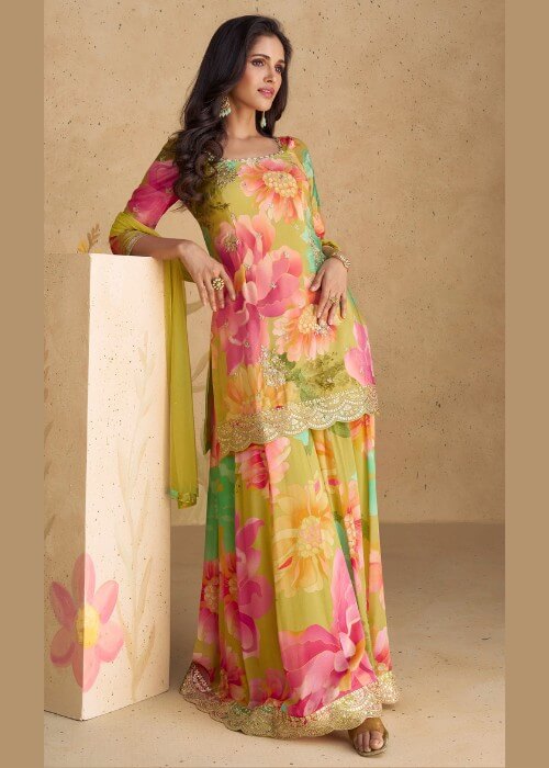 Multi Floral Print Stylish Sharara Design for Sangeet