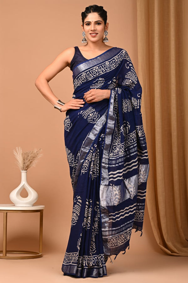 linen Blue Hand b Block Printed Handloom Saree With Blouse