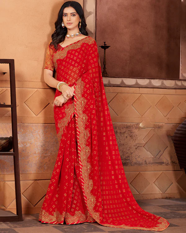 Red Designer Chiffon Saree With Foil Print Fancy Border