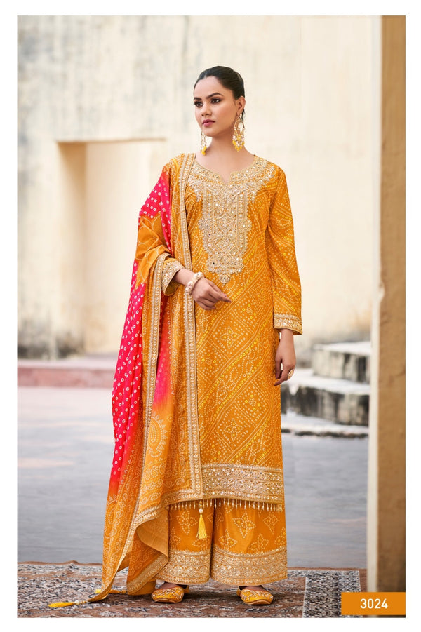 Yellow Chinon Bandhani Palazzo Suit with Mirror work