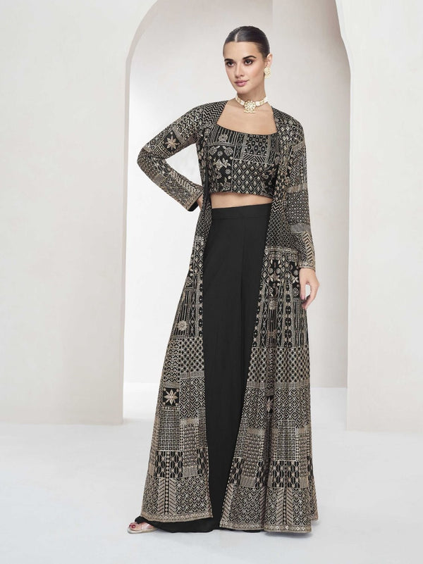 Black Georgette Embroidered Indo Western Top With Palazzo