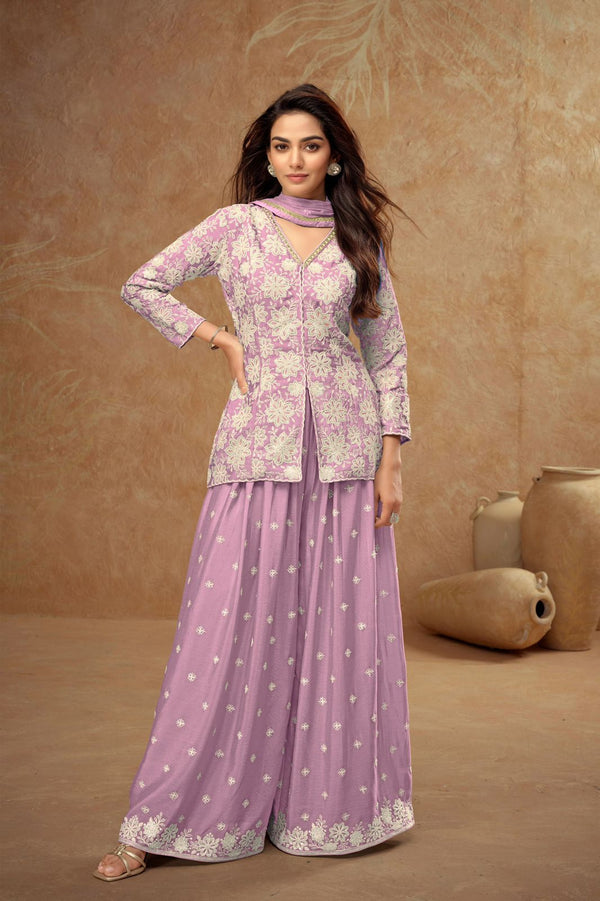 Lilac chinon silk Jacket Style Short Kurti sharara Suit set