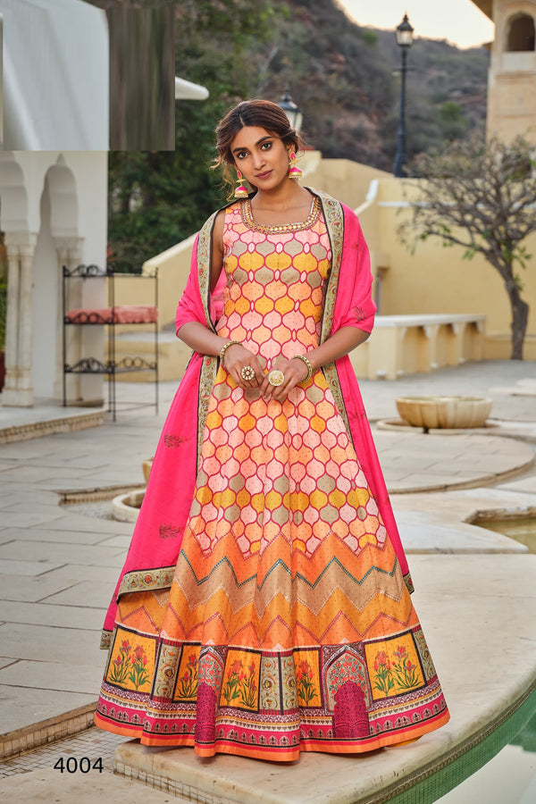 Multicolor Handwork Silk Flared Anarkali Gown with Dupatta