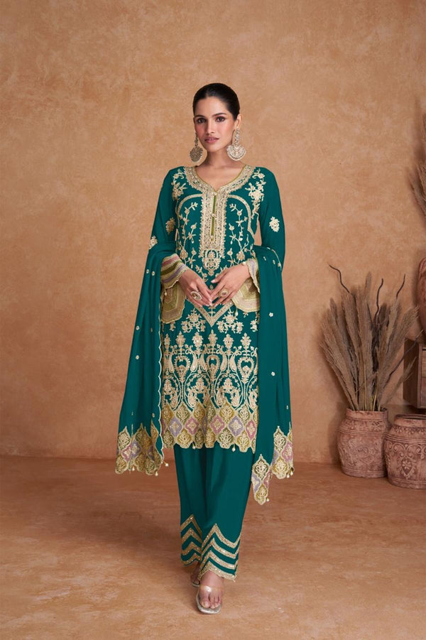 Chinon Buttons, Embroidered, Mirror and Zari Work Pant Style Suit