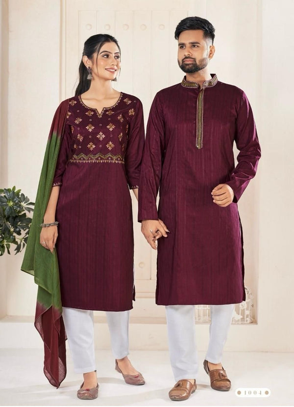 COUPLE GOAL VISCOSE WEAVING STRIPE EMBROIDERED KURAT& KURTI COUPLE COMBO SET kurta kurti couple combo