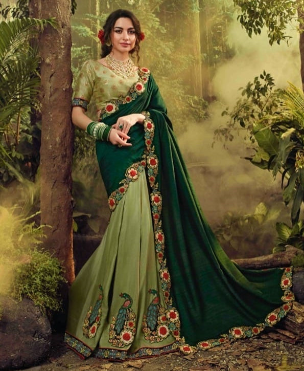 Green Half N Half Floral Embroidered Saree For Wedding