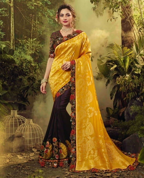 Yellow Half N Half Floral Embroidered Saree For Wedding