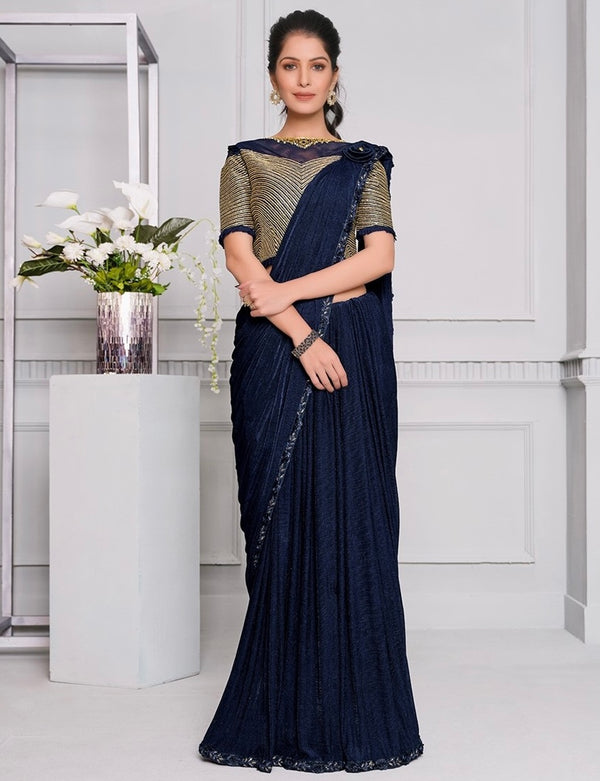 Blue Lycra Pre Pleated Designer Saree