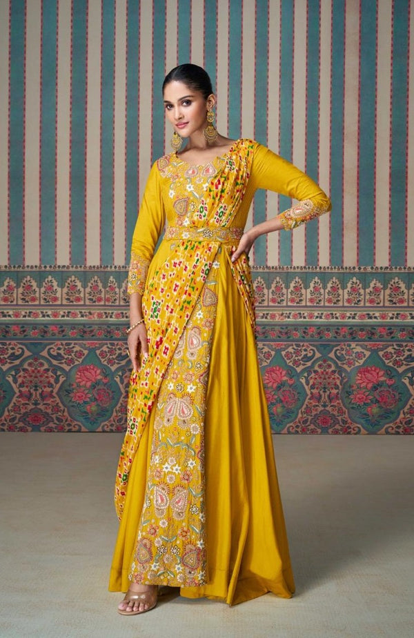 Indo Western Yellow Chinon SIlk  Modern Haldi Dress For Wedding