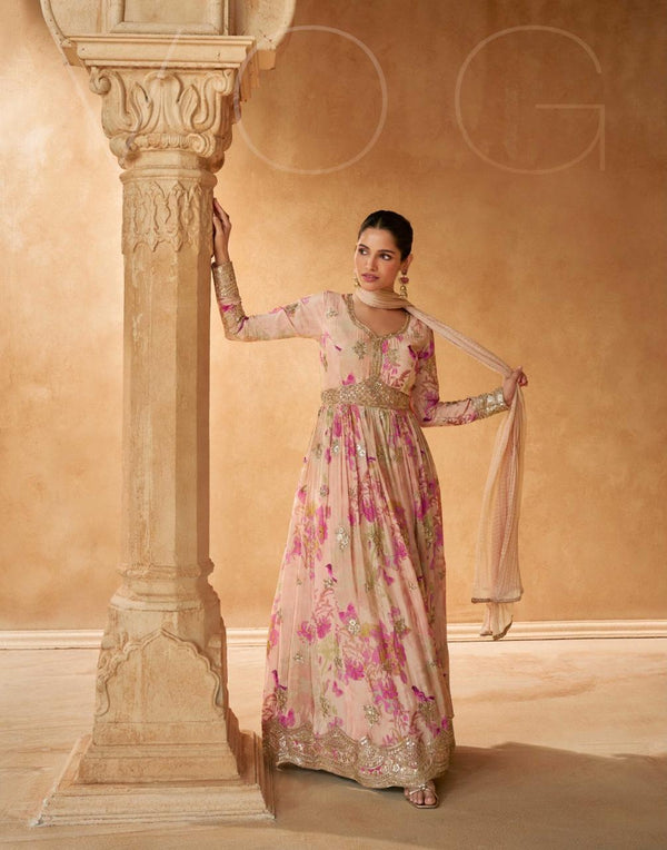 Designer Beautiful Real Chinon Silk Anarkali Style Gown