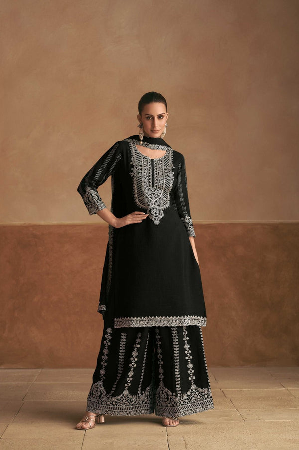 Black and White Punjabi Chinon Silk Suit