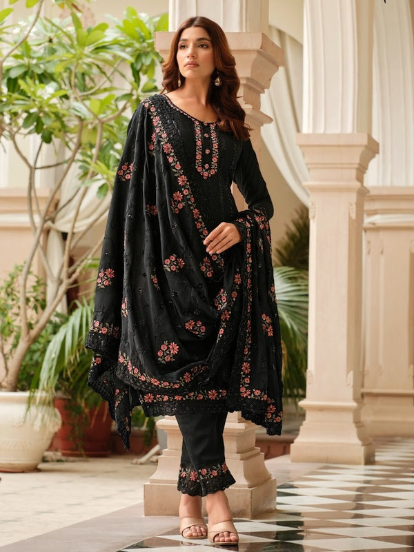 Beautiful Black Real Chinon Party Wear Latest Designer Suit