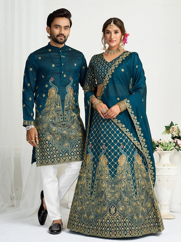 Couple Ethnic Combo – Silk Lehenga & Matching Men's Kurta Pajama