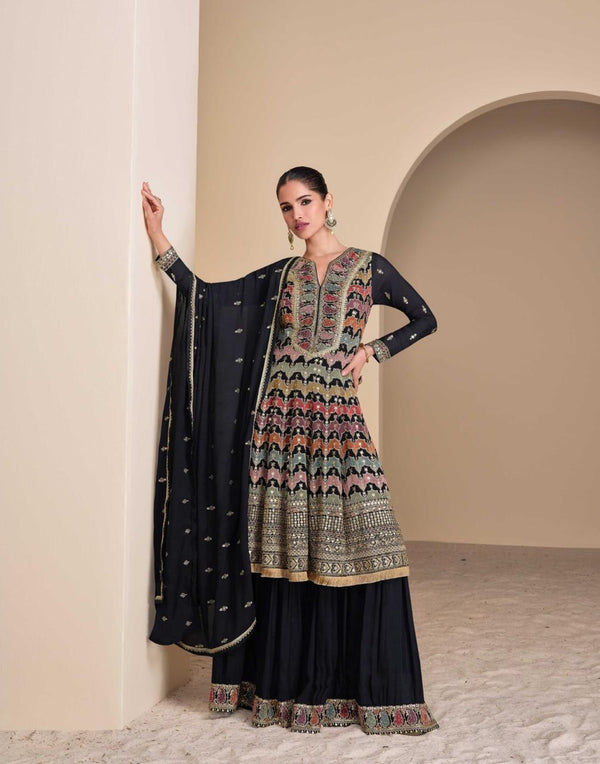 Embroidered Black Georgette Wedding Sharara Suit