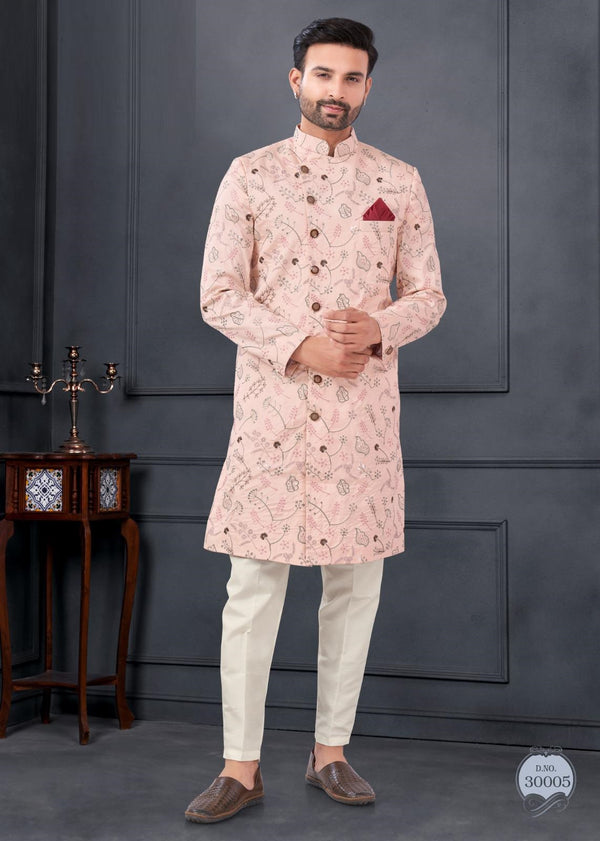 Designer IndoWestern Men’s Wear Thread Sequins Wedding Wear Silk Kurta Pajama