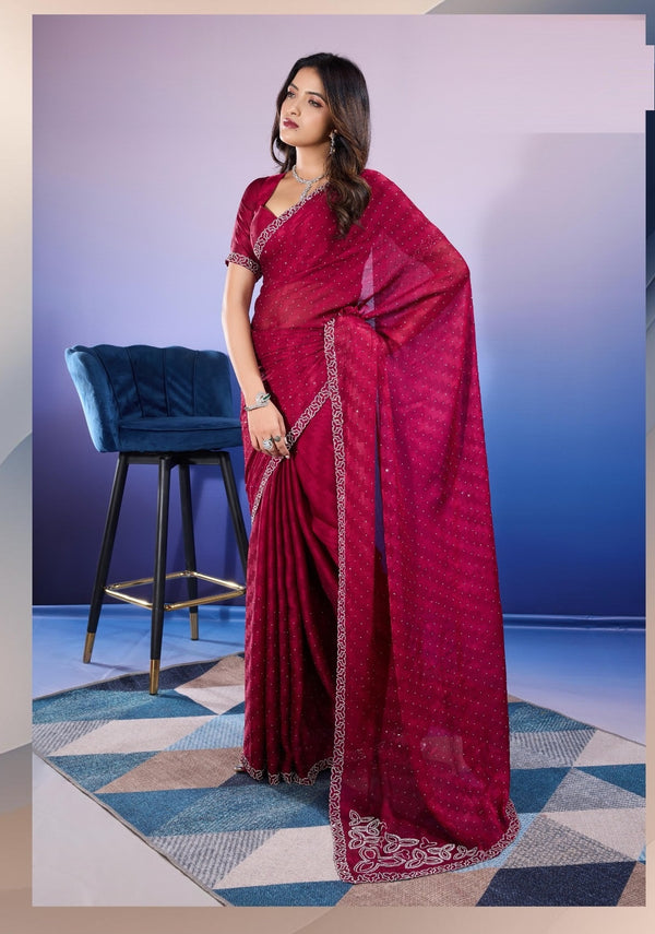 Satin Chiffon Diamond Zarkan work border Party Wear Saree