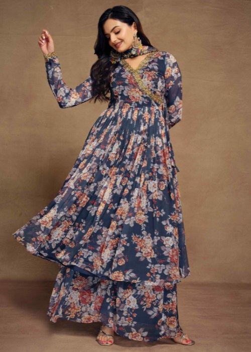 Blue Floral Printed Plazzo Kurti Set