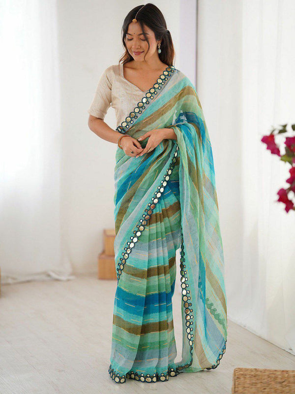 Beautiful Leheria Look Multi Color Mirror Work Linen Saree