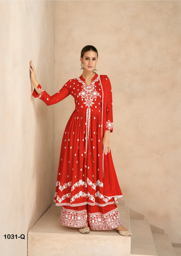 Women's Lucknowi Chikankari Kurta Palazzo Dupatta Suit Wedding Wear