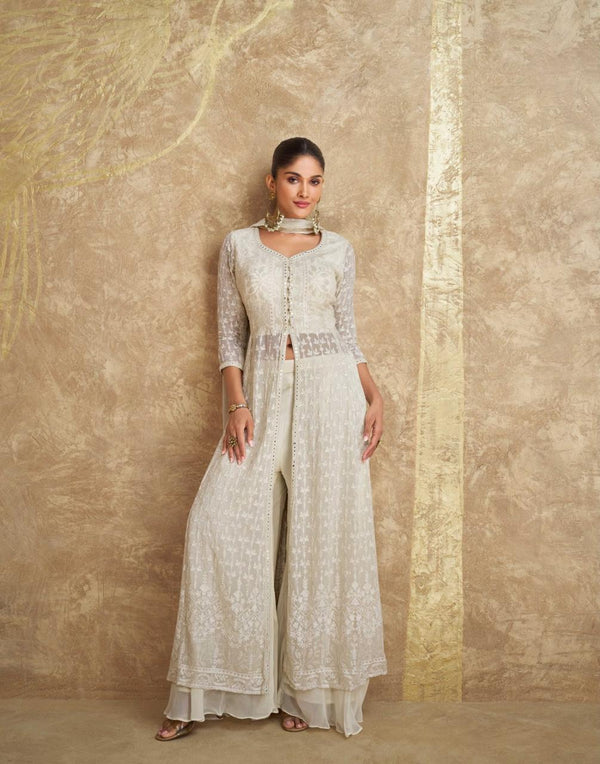 Classic White Georgette Embroidered Palazzo Suit Set