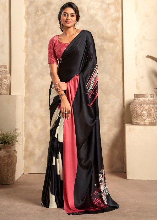 Printed Crepe Silk Black Saree for Women