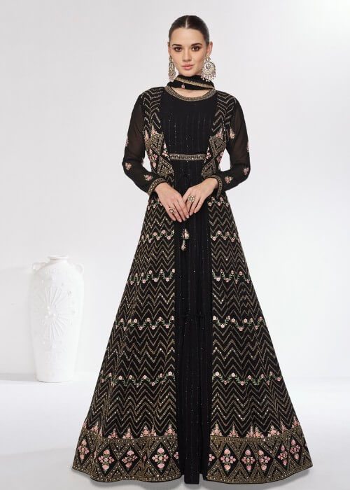 Designer Black Anarkali Dress with Long Jacket