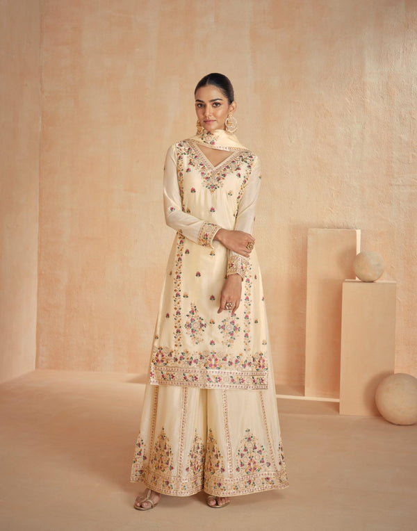 Resham & Embroidered Punjabi Kurta Set With Palazzo Pants for Wedding