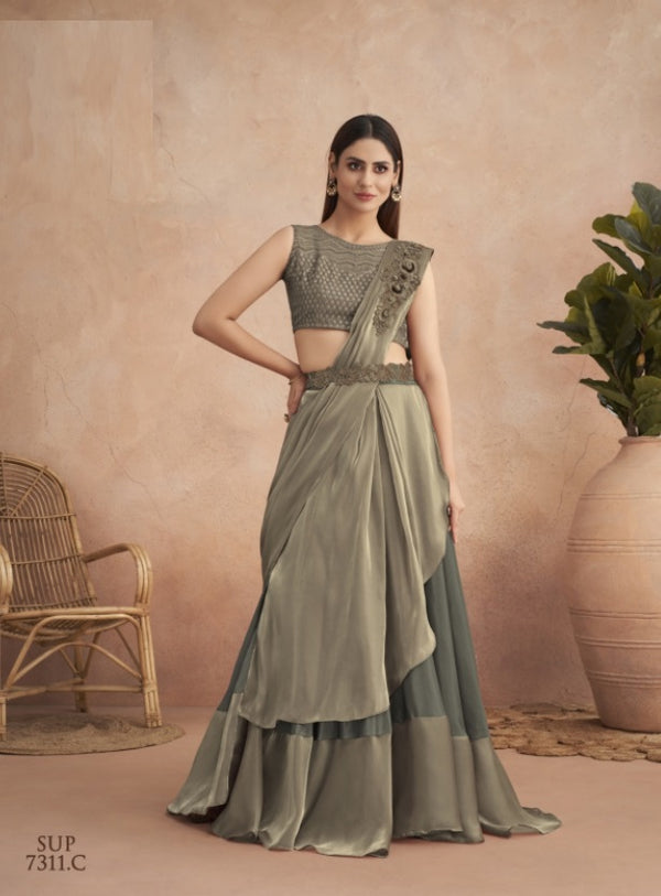 Floral Applique Pre-Stitched Lehenga Style Saree with Ruffled