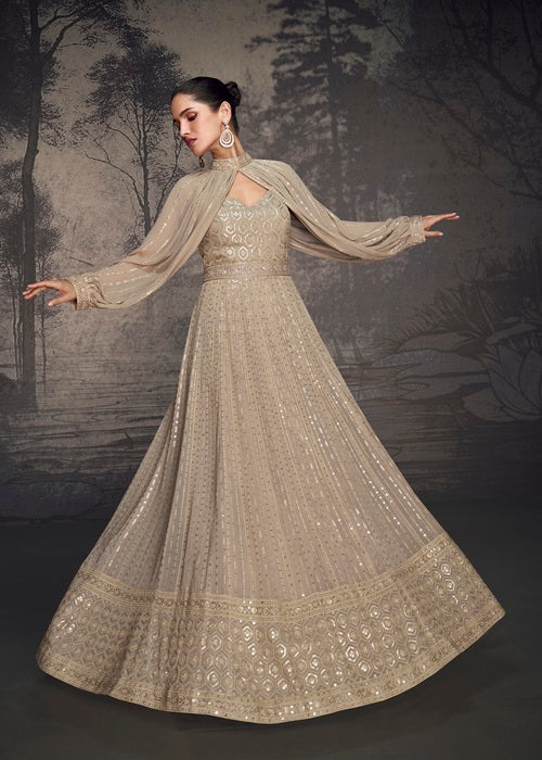 Beige Gold Sequin Designer Lucknowi Styled Gown