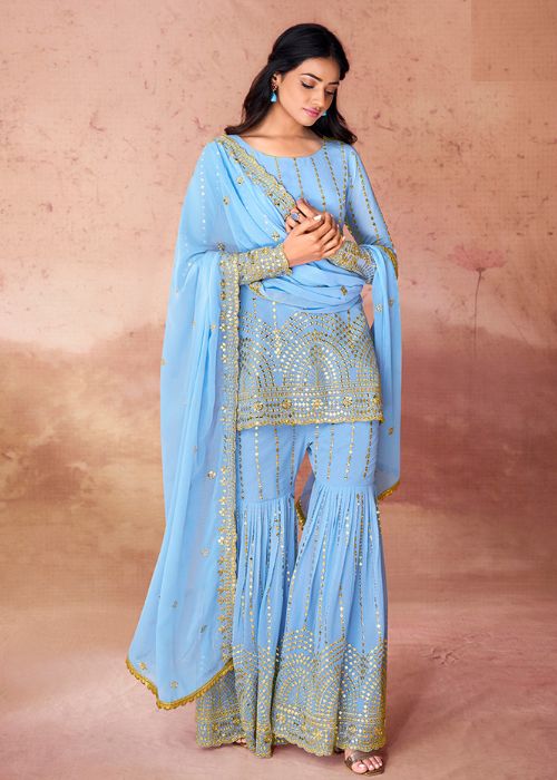 Sky Blue Sequin Georgette Indian Garara