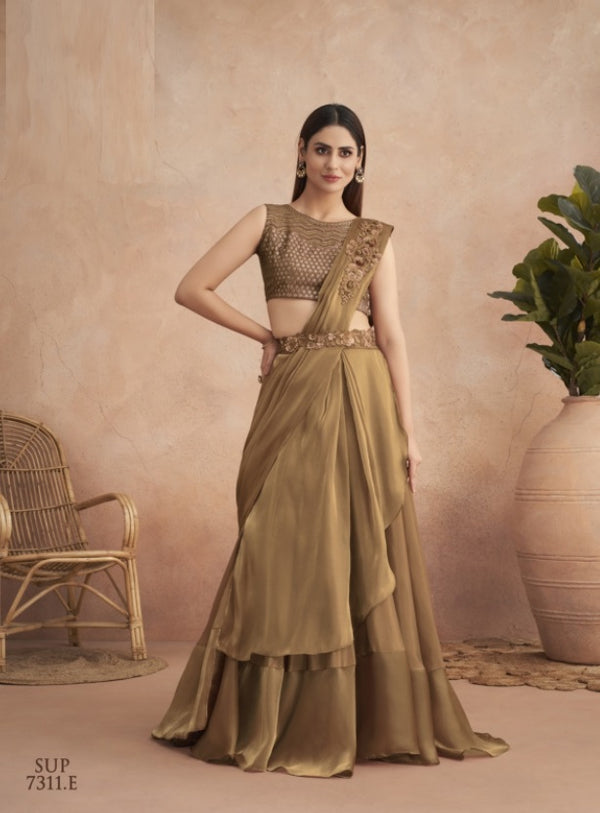 Floral Applique Pre-Stitched Lehenga Style Saree with Ruffled