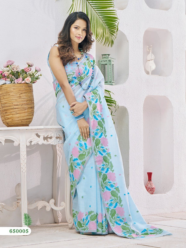 Stepnshop Linen Silk Saree with Floral Print & Matching Blouse