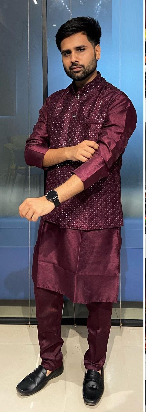 Designer Men’s Wear Thread Sequins With Pure Silk Kurta Pajama