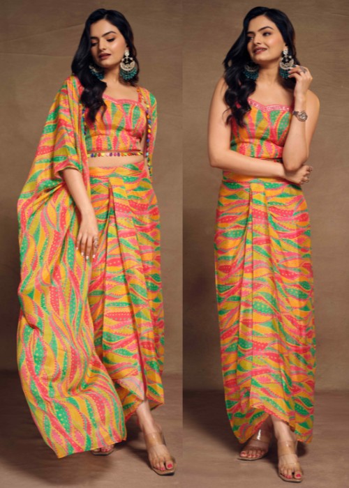 Multi Color Chinon Printed Draped Dhoti & Crop Top Set