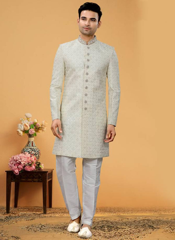 Designer Men’s Wear Thread Sequins With Pure Silk Kurta Pajama