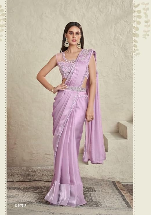 Lilac Imported Satin Shimmer Sequin Ready Made Sari