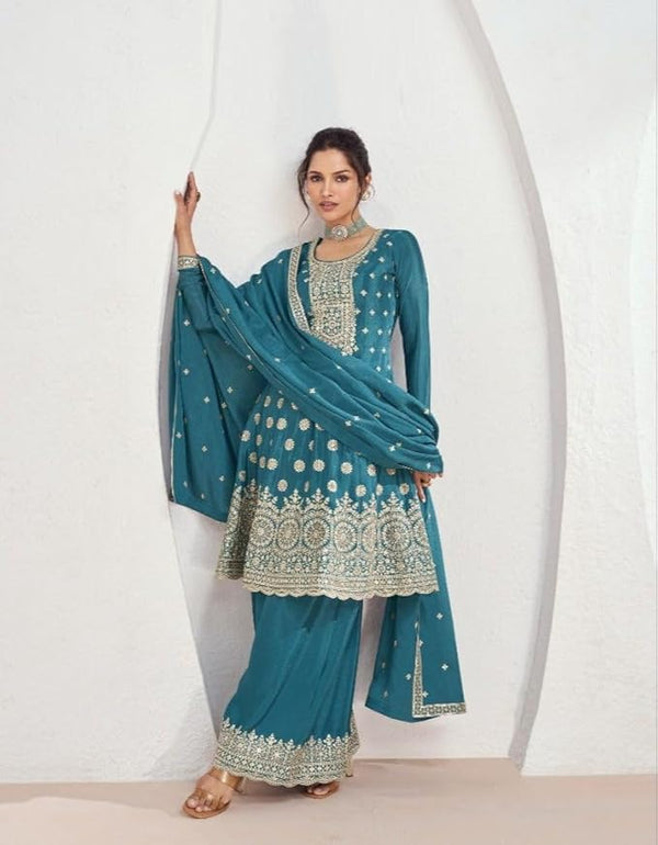 Embroidered Chinon Silk Wedding Peplum Punjabi Style Suit