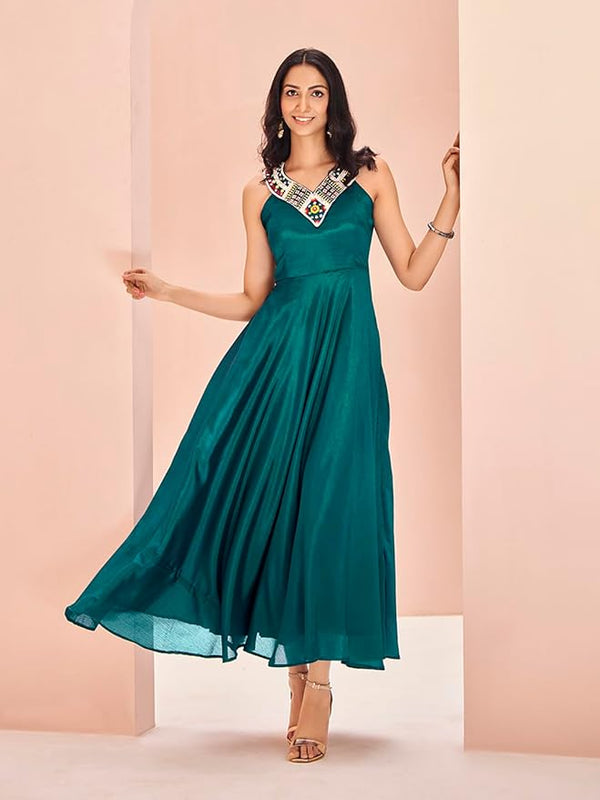 Teal Women Embroidered Handworked Sleveeless Fit and Flare Maxi Dress