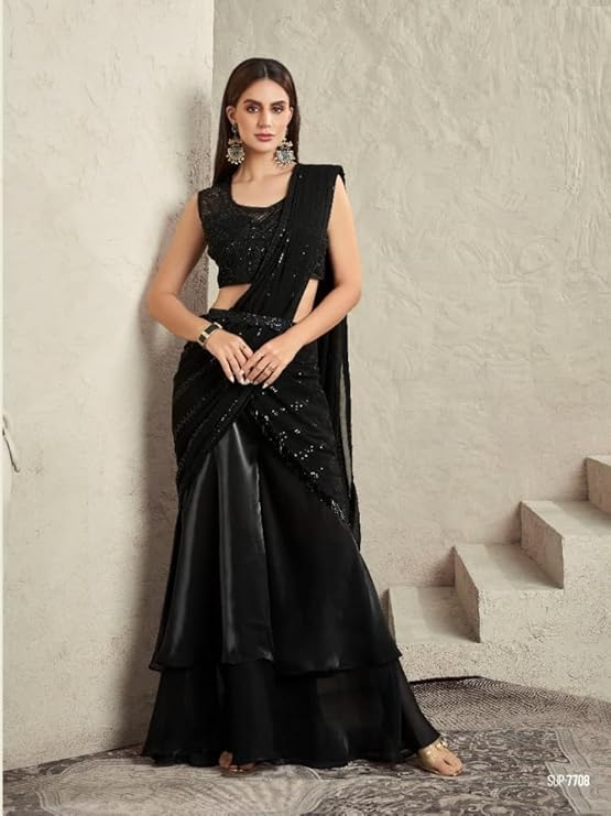 Black Pre Draped 1 minute Ready to Wear Pleated Sari Indian Woman Saree