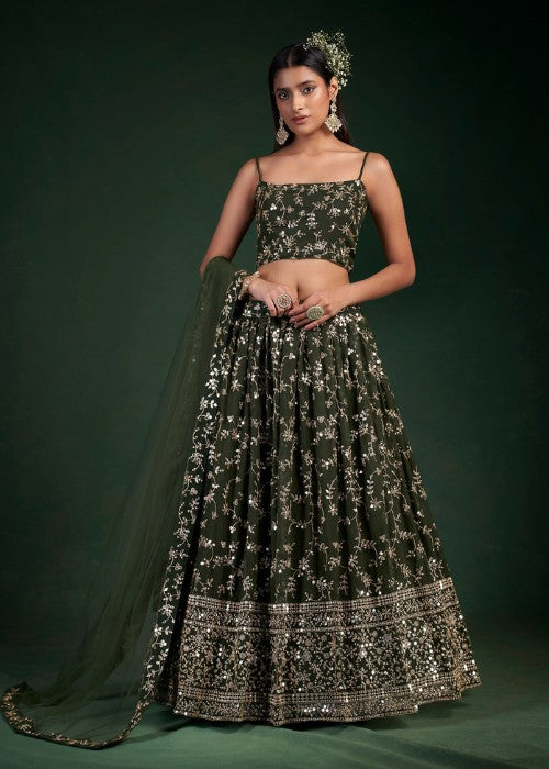 Olive Green Sequin & Zari Flared Lehenga Choli