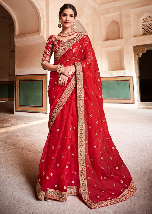 Red Minimal Sequin Designer Organza Saree