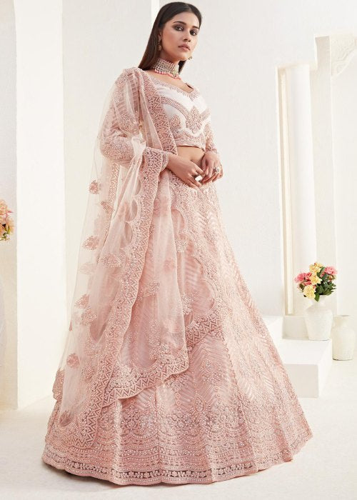 Indian Bride in Pink Net Lehenga Choli Dupatta